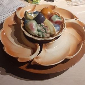 CA POTTERY LANE &Co 1963 CERAMIC LAZY SUSAN 3 COMPARTMENT PLATTER w/ LIDDED BOWL